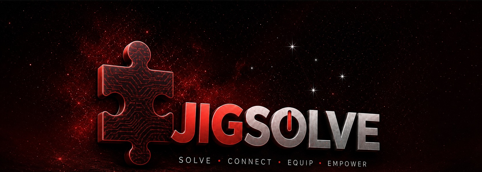 Full circuit-board puzzle piece beside the Jigsolve wordmark, with a power-symbol O and Southern Cross stars